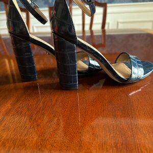 Sam Edelman Black Croc-Embossed Ankle Strap Block Heels